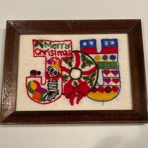 Colorful Wood Framed Christmas JOY Handcrafted Embroidery Crewel 6”x8”